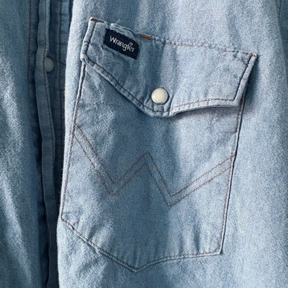 Wrangler chambray cowboy western-style pearl snap raw hem shirt men's 16.5 x 36 - Picture 6 of 6